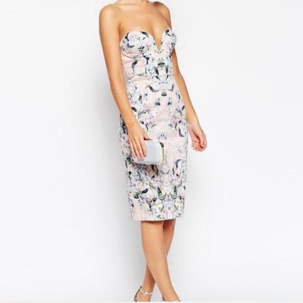 ASOS Floral Strapless Deap Plunge Bodycon Midi Dress Size 6. Like New